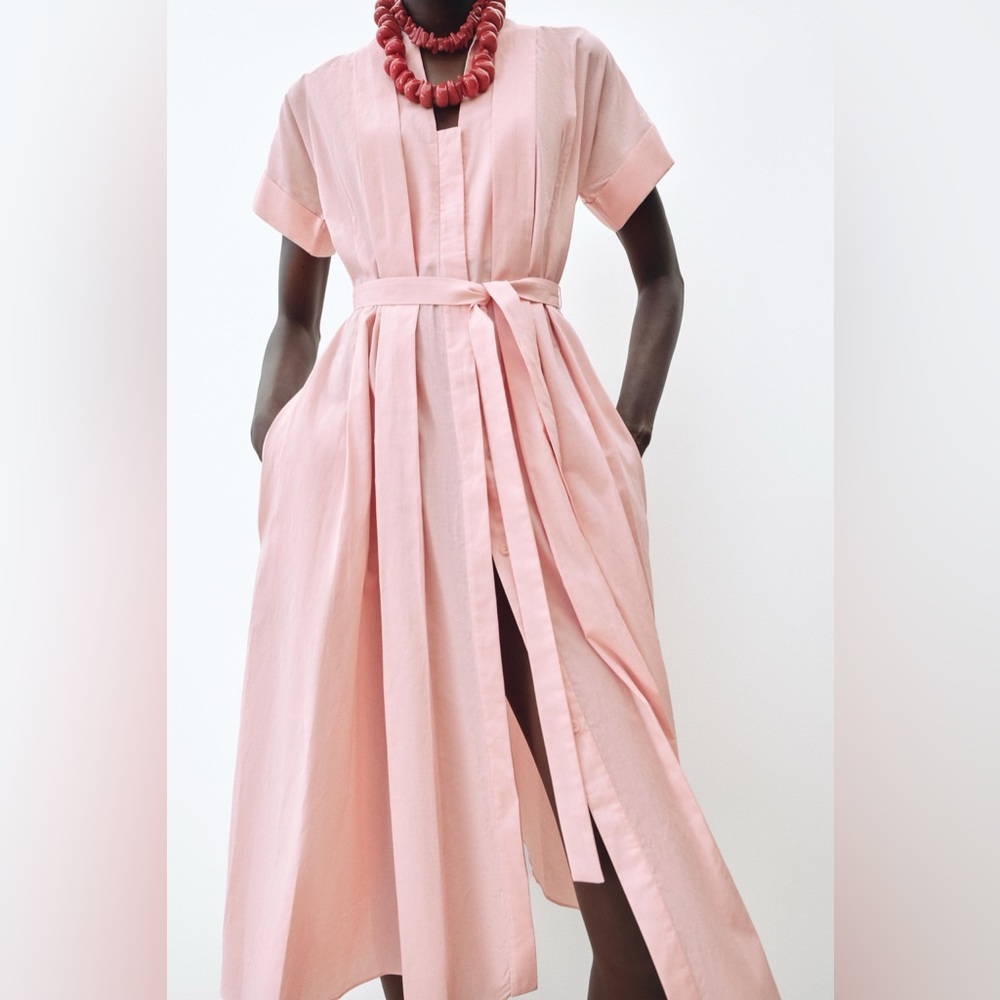 NEW ZARA FW24 WOMAN MIDI BELTED SHIRT DRESS ZW COLLECTION PINK | SIZE M - Picture 6 of 9
